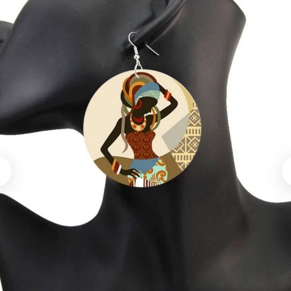 African Pride Earrings, Tribal Jewelry, African Print Wooden Earrings, Headwrap Afro Earrings, Nigerian Traditional Cultural Native Earrings