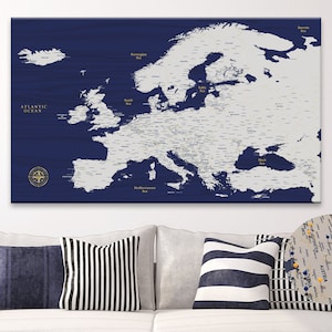 Blue & Gold Europe Push Pin Travel Map: Personalized Canvas Art