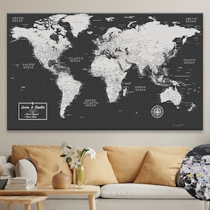Customized Push Pin World Map: Executive Framed Canvas Travel Tracker
