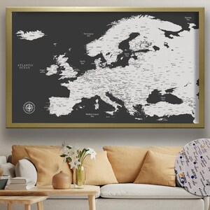 Dark Grey Europe Push Pin Map - Personalized Europe Travel Map - Detailed Map of Europe - Europe Map on Canvas, Gift For Dad