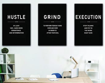 Hustle Grind Execution Canvas, 3 Panels Motivation Wall Art, Large Office Wall Art Set, Inspirational Print, Entrepreneur Gift, Gift For Dad