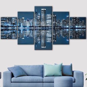 Skyline di Chicago di notte, 5 pannelli, grande tela con vista sulla città, decorazione da parete con skyline panoramico a 3 pannelli, regalo per papà