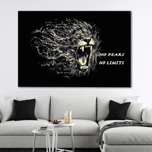 Cytat No Fear Canvas, inspirujący cytat na ścianę, 3 panele nadruku lwa, prezent motywacyjny, duży wystrój biura, prezent dla taty
