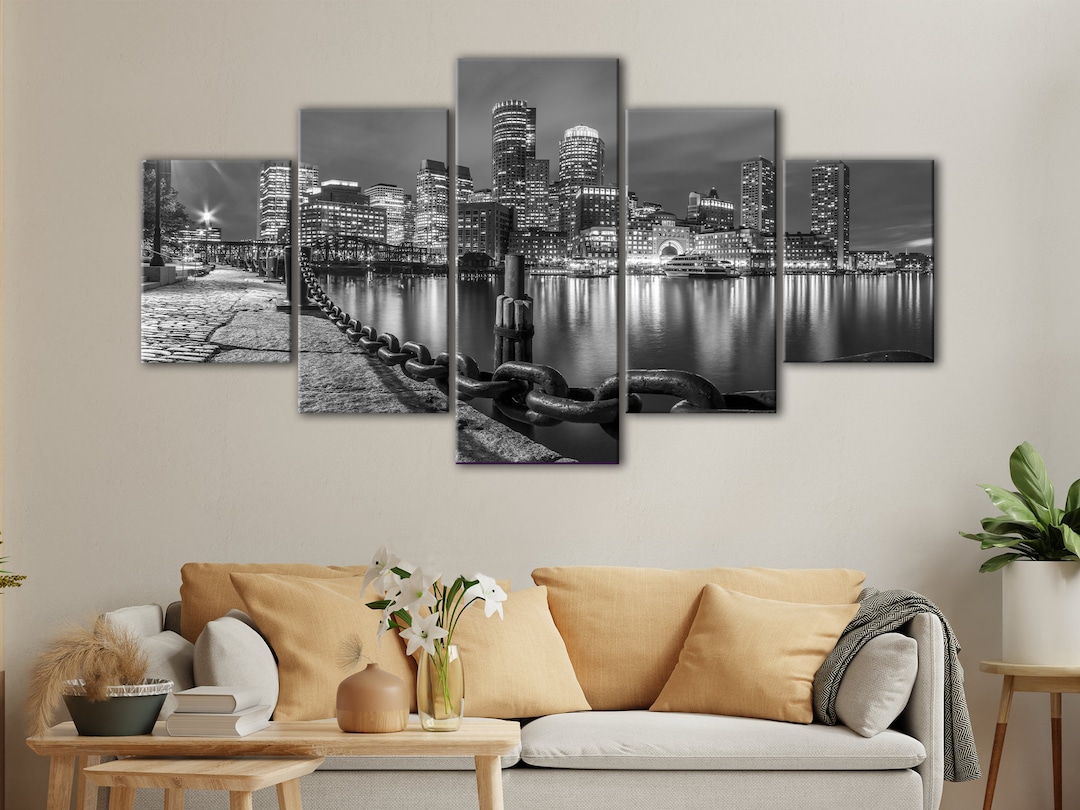 Boston Skyline Canvas Print: Black & White Panoramic Wall Art