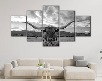 Tableau Texas Longhorn, Impression vaches espagnoles 5 pieces, Art mural animaux, Art imprimé pour Texas Longhorn, Tableau vaches