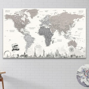 Personalized World Travel Push Pin Map: Detailed Canvas Map Gift