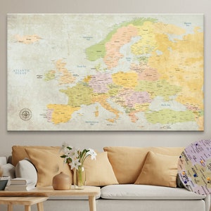 Personalized Europe Travel Push Pin Map: Detailed Canvas Art
