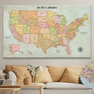 Personalized Push Pin USA Travel Map: Detailed Canvas Wall Art