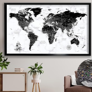 Black Marble Push World Map - Personalized World Travel Map - Detailed Map of The World - World Map on Canvas - Gift For Dad
