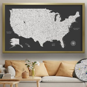 Executive Push Pin USA Map, Personalized USA Travel Map, Dark Grey Map of United States, Large USA Map on Canvas, Gift For Dad