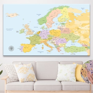 Personalized Europe Travel Map: Colorful Push Pin Canvas Map