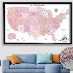 Pink Push Pin USA Map, Personalized USA Travel Map, Detailed Map of United States, USA Map on Canvas, Pink Wall Decor, Gift For Dad