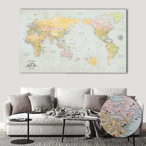 Pacific Centered World Map Canvas with Push Pins : Classic Personalized Travel Gift