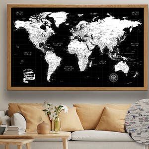 Black Push Pin World Map, Personalized World Travel Map, Large Map of The World, Executive World Map on Canvas, Graduation Gift
