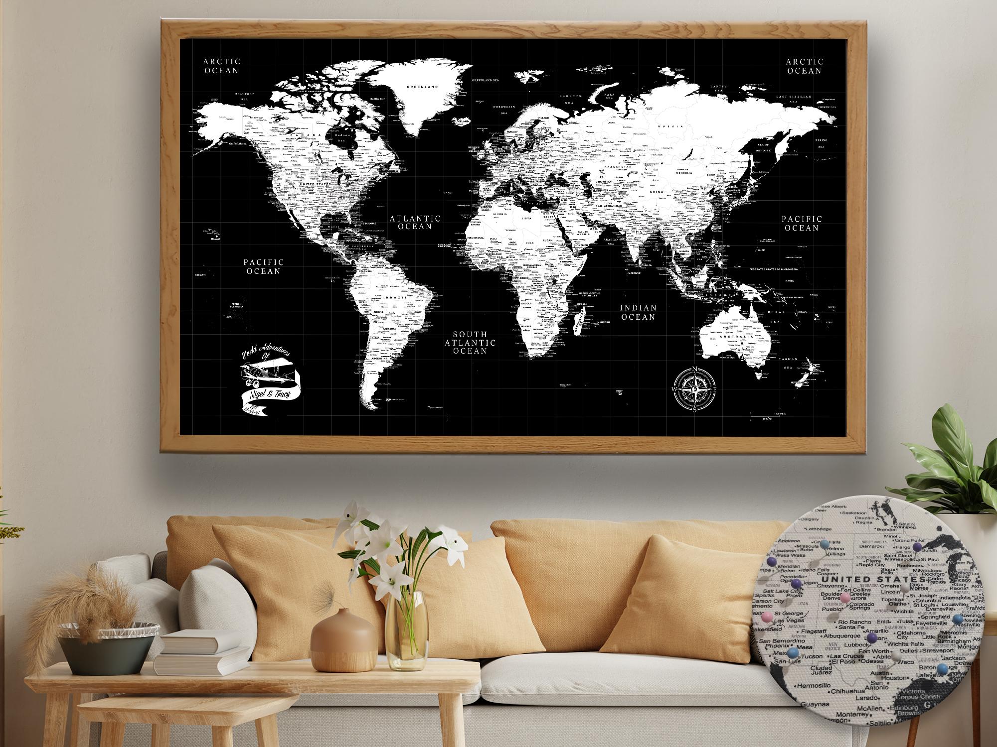 Black Push Pin World Map: Personalized Travel Tracker Canvas - Etsy