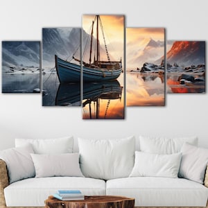 Lienzo de barco de montaña, 5 paneles, póster grande de playa y océano, decoración para sala de estar, regalo para papá