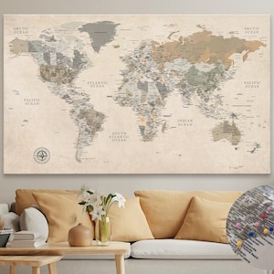 Personalized Push Pin World Map: Vintage Travel Map Tracker