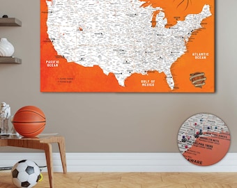 Basketball Push Pin USA Travel Map: Personalized Canvas Wall Art