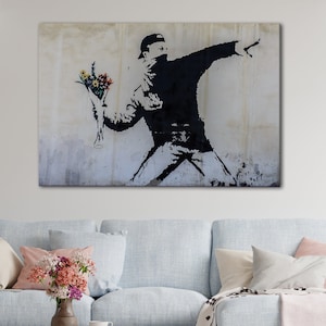 Banksy Flower Thrower Canvas Art: Graffiti Street Art Decor