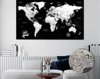 Black Push Pin World Map: Personalized Travel Tracker Canvas