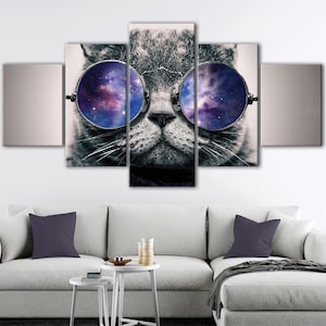 クールな猫のキャンバスアート、5パネルのかわいい猫のウォールアート、大きな猫のサングラスのポスター、大きな3パネルのキャンバスセット、お父さんへの贈り物