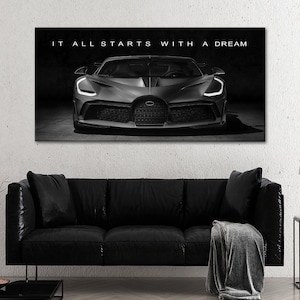 Płótno Dream Supercar, Sztuka ścienna z cytatem o sukcesie, Wszystko zaczyna się od wydruku marzeń, Plakat Supercar, Duża dekoracja ścienna do biura, Prezent dla taty