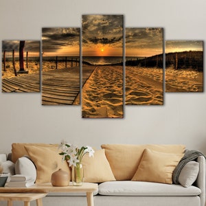 Lienzo con puesta de sol en el océano, 5 paneles de arte de pared de playa, póster del océano, decoración de sala de estar de 3 paneles, impresión marina grande, regalo para papá