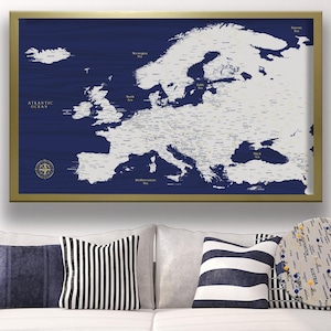 Blue & Gold Europe Push Pin Map - Personalized Europe Travel Map - Detailed Map of Europe - Europe Map on Canvas - Gift For Dad