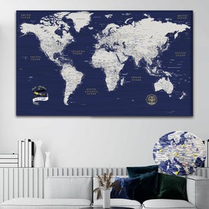Personalized Blue & Gold World Map with Push Pins