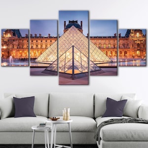 Piramide del Louvre, 5 pannelli di Parigi come decorazione da parete, grandi monumenti francesi su tela, 3 pannelli con paesaggio urbano panoramico, regalo per papà