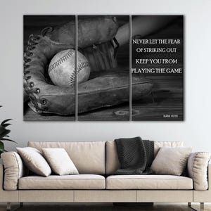 Cytat z baseballu na płótnie, motywacja do baseballu, sztuka ścienna, 3 panele Babe Ruth Print, dekoracja jaskini człowieka, czarno-biały plakat baseballowy, prezent dla taty