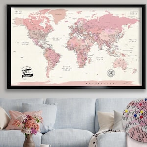 Pink Push Pin World Map - Personalized World Travel Map - Detailed Map of The World - World Map on Canvas - Gift For Dad