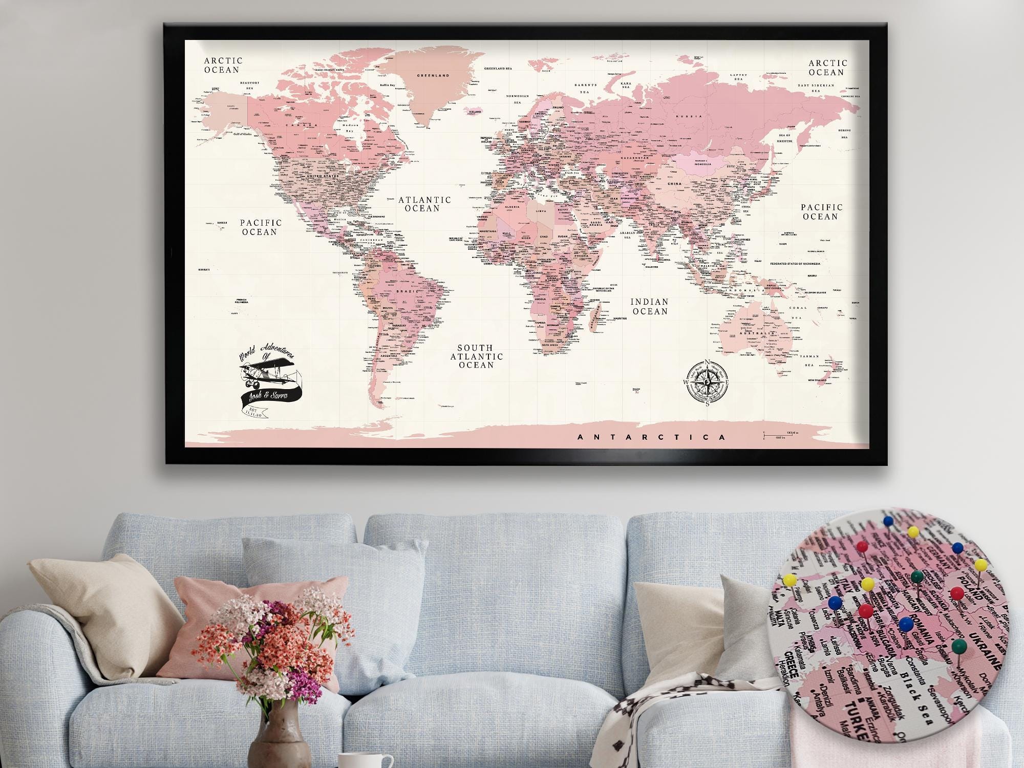 Pink Push Pin World Map: Personalized Travel Canvas - Etsy