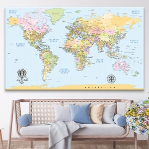 Personalized Atlas World Map, Large Push Pin World Map, Colorful Travel Map on Canvas, Detailed Map of The World Poster, Birthday Gift