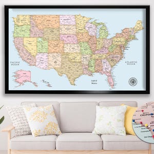 Colorful Push Pin USA Map - Personalized USA Travel Map - Detailed Map of United States - USA Map on Canvas - Gift For Dad