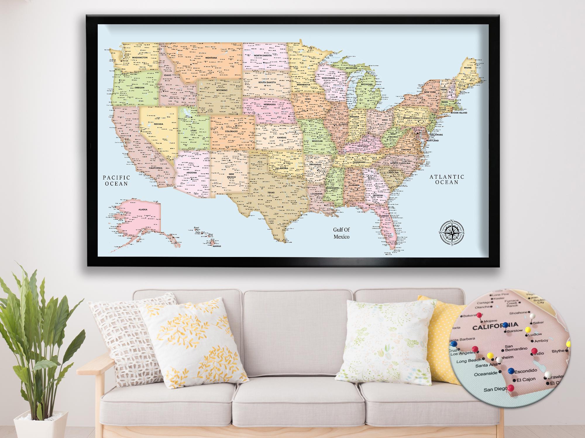 Personalized Push Pin USA Travel Map: Detailed Canvas United States Map ...