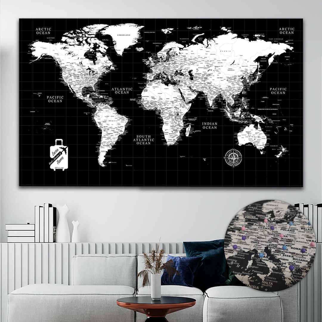 Black Push Pin World Map: Personalized Travel Tracker Canvas
