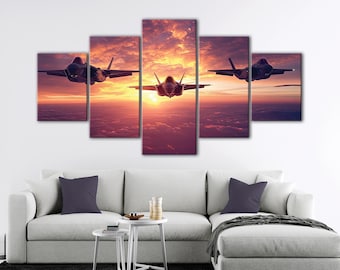 May include: A five-piece canvas print set featuring a dramatic sunset sky with three fighter jets flying in formation. The jets are silhouetted against the bright orange and pink clouds.