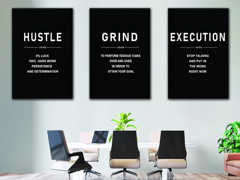 Hustle Grind Execution Canvas, 3 Panels Motivation Wall Art, Large ...