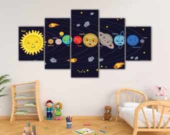 Kids Solar System Canvas Art: Celestial Nursery Decor, 5 Panel Set