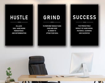 Hustle Grind Success Canvas: 3-Panel Motivational Office Art