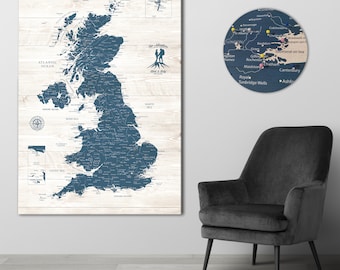 Rustic UK Push Pin Travel Map: Personalized Canvas Art