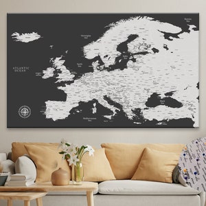 Dark Grey Europe Push Pin Travel Map: Personalized Canvas Art