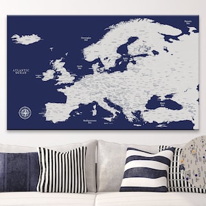 Navy Blue Push Pin Europe Map  - Personalized Europe Travel Map - Detailed Map of Europe - Europe Map on Canvas - Gift For Dad