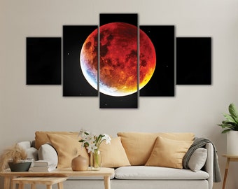 Red Moon Canvas Art: 5-Panel Cosmic Astronomy Print