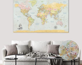 Personalized Push Pin World Map Canvas: Travel Tracker Gift