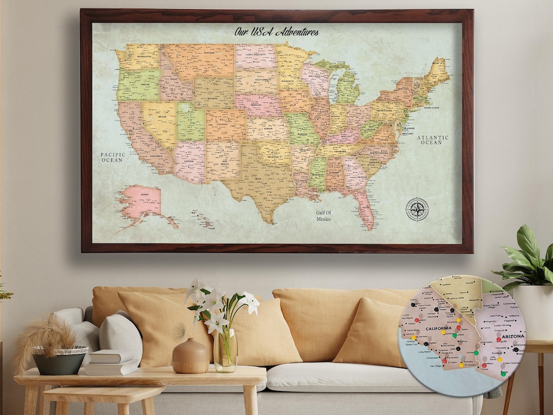 Custom Wal Map Push Pin USA Map - Custom USA Travel Map - Detailed Map of United ...