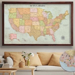 Push Pin USA Map - Custom USA Travel Map - Detailed Map of United States - USA Map on Canvas - Personalized Wall Map, Gift For Dad