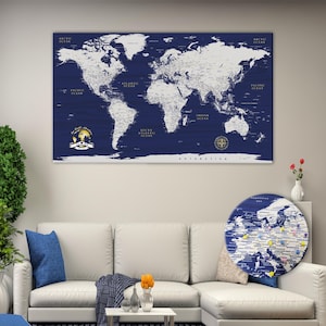 Personalized Blue & Gold World Map with Push Pins