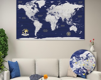 Personalized Blue & Gold World Map with Push Pins
